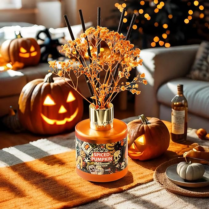 Airkeep Reed Diffuser Set,3.38 fl oz (100 ml) - Spiced Pumpkin Oil Diffusers with 8 Reed Sticks, Home Fragrance Reed Diffuser for Bathroom Shelf Decor