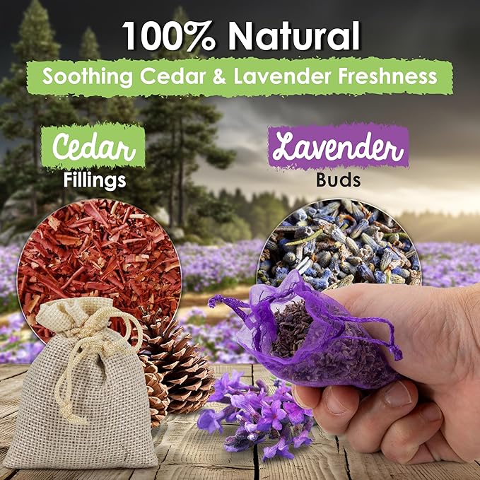 EcoKiwi Cedar & Lavender Sachets – 20 Sachets for Home Fragrence and Fresh Scents, Cedar & Lavender Sachet for Drawers and Closest, Dual-Purpose Sachet to Stop Clothes Damage and Closest Freshness