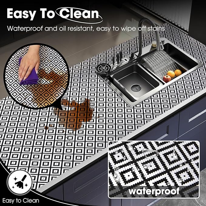 Drawer and Shelf Liner, Non-Slip Kitchen Cabinet Liners Non-Adhesive Thick Strong Grip Waterproof Washable Mats Protect Dresser Shelves Cupboard Bathroom Cabinets, Black & White, 12 in X 20 FT