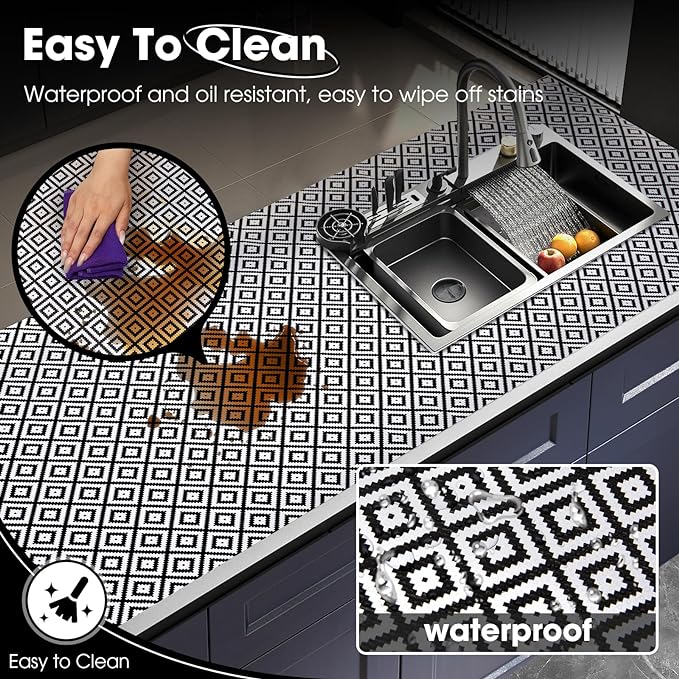 Drawer and Shelf Liner, Non-Slip Kitchen Cabinet Liners Non-Adhesive Thick Strong Grip Waterproof Washable Mats Protect Dresser Shelves Cupboard Bathroom Cabinets, Black & White, 24 in X 20 FT