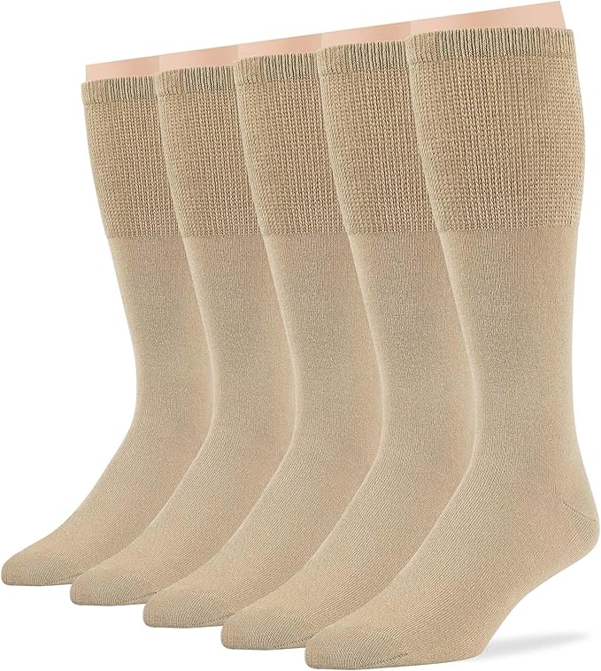 7BIGSTARS KINGDOM Khaki Diabetic Men's Mid-Calf Dress Socks - 5 Pack - Cotton