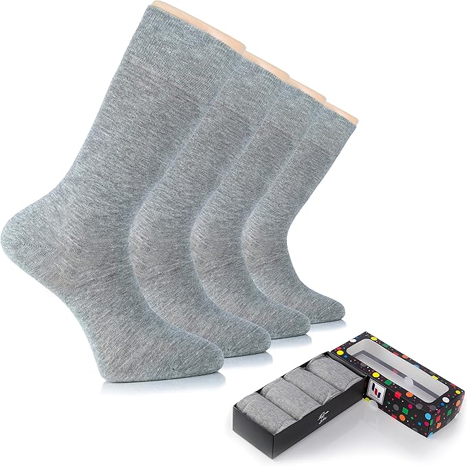Hugh Ugoli Men's Bamboo Dress Socks for Business & Trouser, Thin & Seamless Crew Socks, 4 Pairs with Gift Box, Shoe Size 8-12
