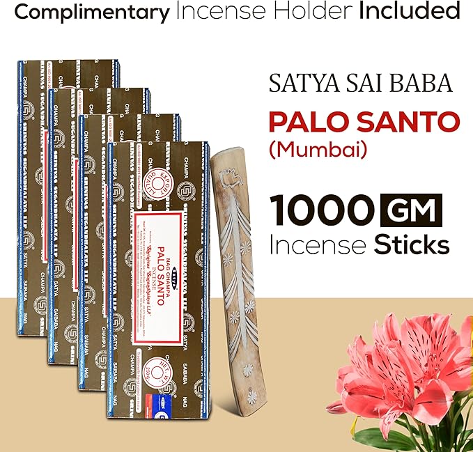 Satya Nag Champa Palo Santo Incense Sticks 250 gmx 4 Pack (1000 GMS), Insenses with Raajsee Insence Holder Bundle, Nag Champa Natural Incense
