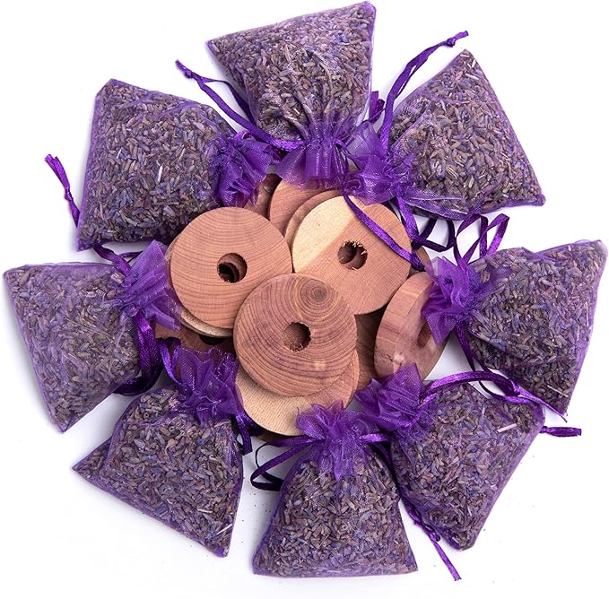 Pack of 16 Cedar Blocks and 8 Lavender Flower Sachets Craft Bag, Drawer Freshener, Linen, Shower Favor, Wedding and More, LV-E-LC-1