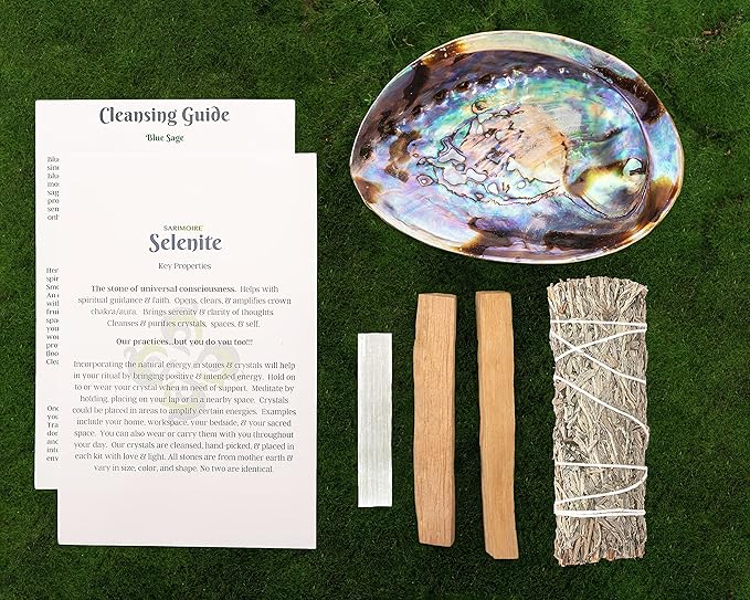 Sage Kit - Blue Sage Smudge Stick ~ Abalone Shell for Smudging ~ Palo Santo Sticks ~ 2 inchTripod Stand ~ 8 inch Feather and White Sand