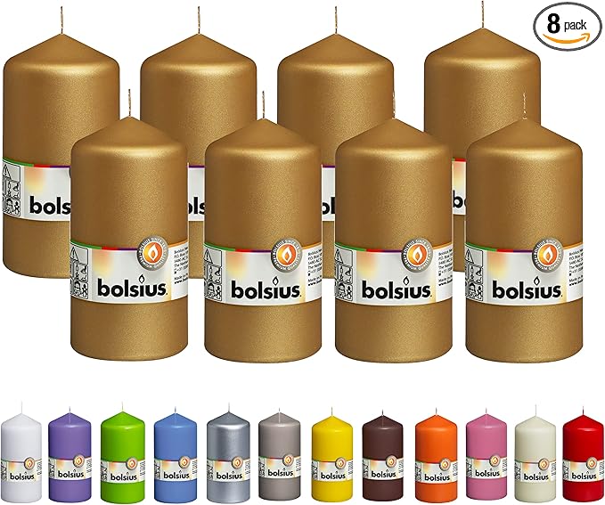 BOLSIUS 8 Gold Pillar Candles Metallic - 2.75 x 5 Inches - Premium European Quality - Individually Wrapped - 43 Hours Burn Time - Dripless & Smokeless - Unscented Dinner, Wedding & Home Decor Candles
