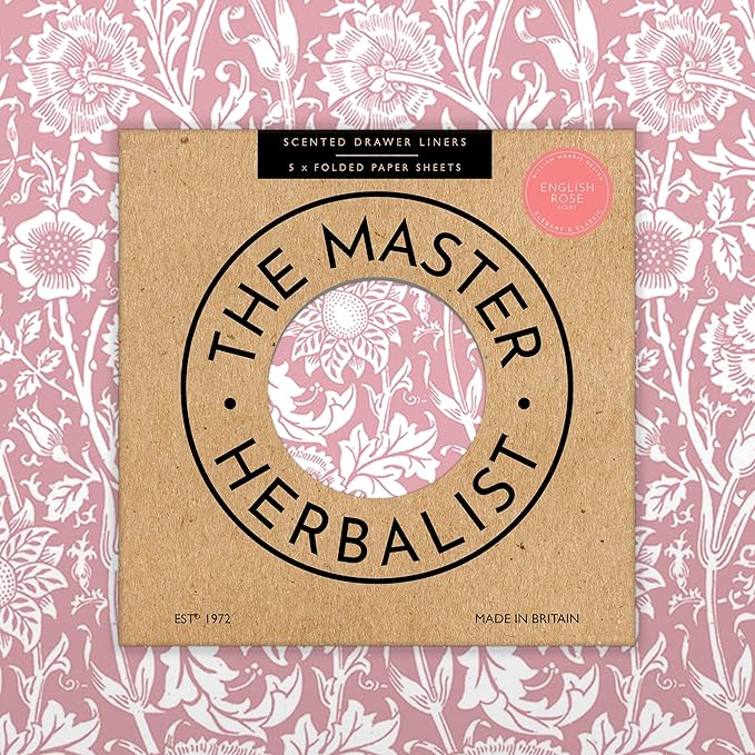 Rose Scented Drawer Liners in a Pink William Morris Design. Contains Rose Essential Oil | Pack of 5 Folded Sheets | Contains Essential Oils | Made in The UK.