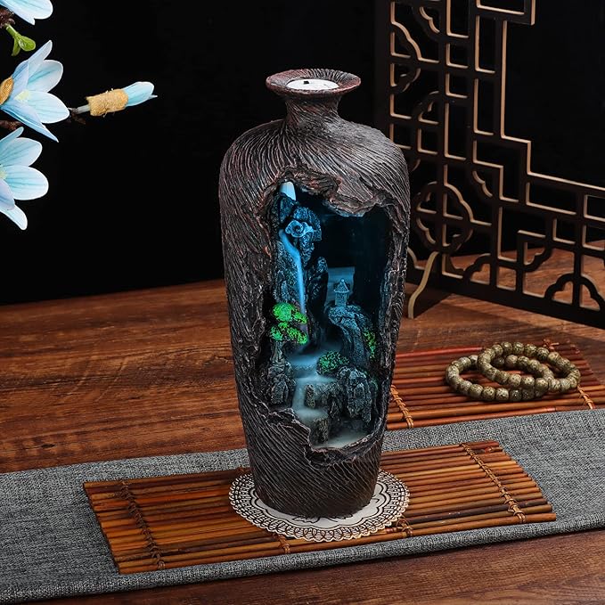 Mountain Waterfall Incense Burner Backflow Incense Burner Incense Fountain Smoke Waterfall with 20 Backflow Incense Cones，Tweezer，Mat (Vase Shape)