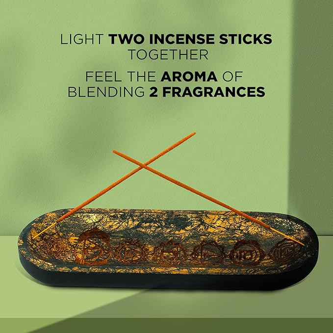 Hand Carved Incense Holder-Incense Burner/Ash Catcher/Handmade Wooden Insence Tray – Modern Gift Home/Room/Seven Chakra Blue Gold Kitchen Décor Size 11x4x1.5 Inches