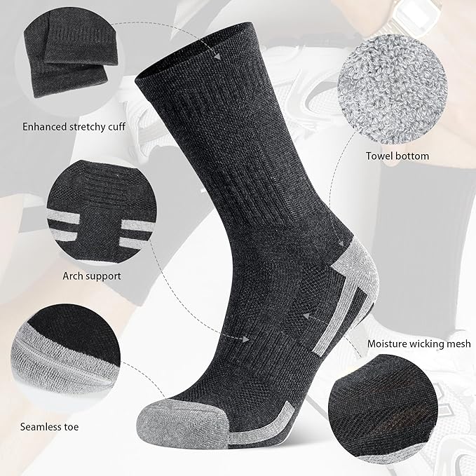 Men's Cotton Crew Work Socks, 3 Pairs Cushioned Moisture-Wicking Athletic Socks for Hiking Sports Running
