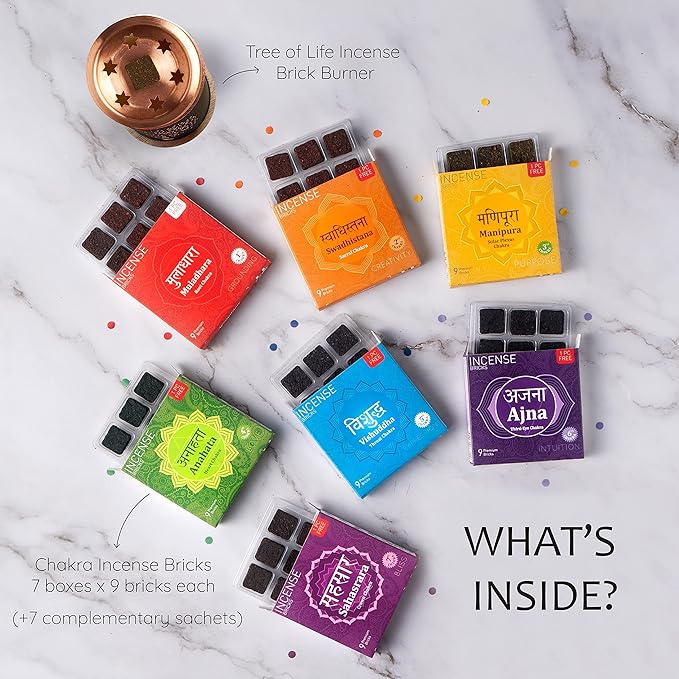 7 Chakra Incense Brick Super Set by Aromafume | 63 bricks & Tree of Life Exotic Burner | Smokeless Incense Set for Chakra Balance | Yoga & Meditation Gifts