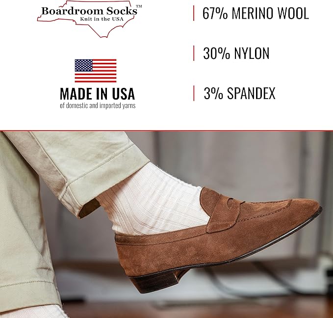 Merino Wool Dress Socks for Men – Over-the-Calf, Ribbed Wool Dress Socks for Size 8-12 – Breathable, Reinforced Heel and Toe