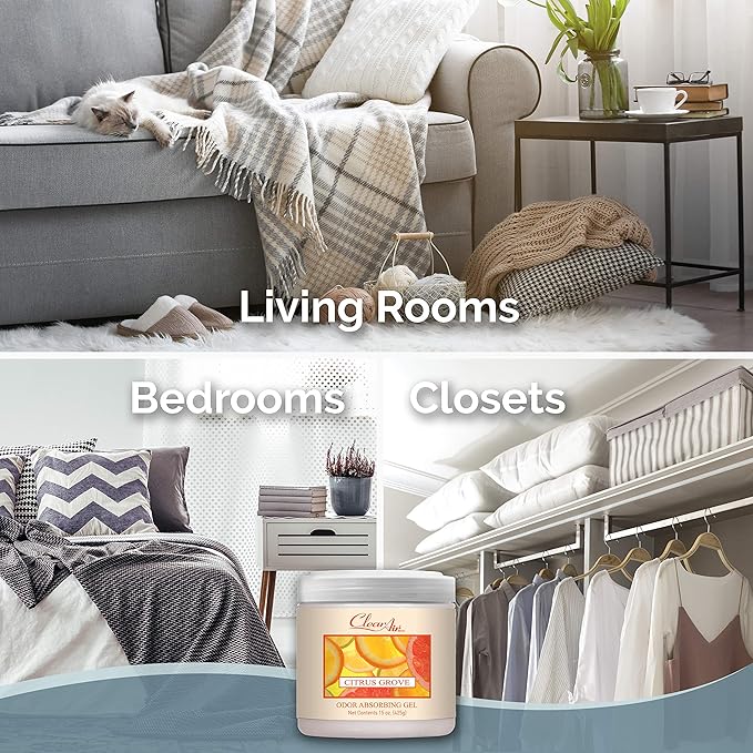 Clear Air Odor Absorber Gel - 15 oz, Pack of 2 - Air Freshener Absorbs and Eliminates Odors in Bathrooms, Cars, Boats, RVs and Pet Areas - Made with Essential Oils - Citrus Grove Scent