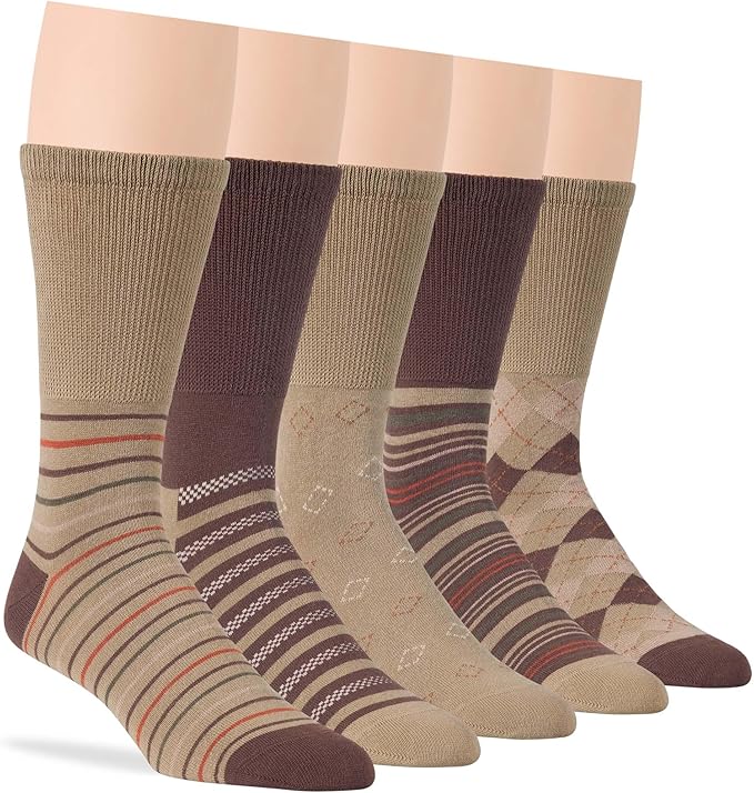 7BIGSTARS KINGDOM Men's Diabetic Extra Wide Dress Crew Socks - 5 Pack Large - Argyle, Stripe, Geometric Pattern - Sock Size 10-13 Shoe Size 9-12 L Khaki, Brown, Beige