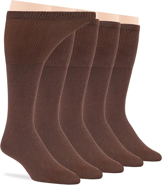 7BigStars Men Diabetic Loose Dress Seamless Cotton Mid Calf Socks - 5 Pack Large - Solid Casual - Sock Size 10-13 Shoe Size 9-12 L Brown
