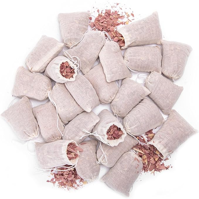 Pack of 24 Cedar Sachets Bag, Red Cedar Chips Sachets for Clothes Storage, Home Fragrance Sachet for Drawers and Closets, LV-F-CC-1