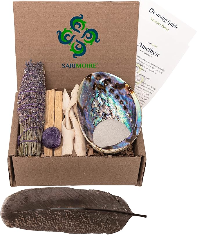 Spiritual Items - Lavender Flower Smudge Stick ~ Abalone Shell for Smudging ~ Palo Santo Sticks ~ 2 in Tripod Stand ~ 8-9 in Feather and White Sand