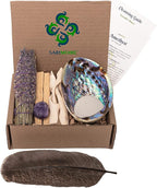 Spiritual Items - Lavender Flower Smudge Stick ~ Abalone Shell for Smudging ~ Palo Santo Sticks ~ 2 in Tripod Stand ~ 8-9 in Feather and White Sand