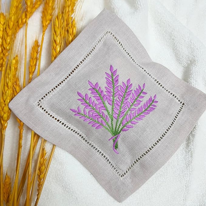 Hcraft Hand Embroidered Lavender Sachet Bags, 6"x6" Set of 3 Embroidery Natural Linen, Lavender Sachets for Drawers and Closets, Dried Lavender