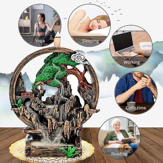 Mountain Waterfall Incense Burner，Backfall Incense Holder River, Incense Falls Meditation Decor for Room with Upgrade Incense Cones and Accessories (Chimney)