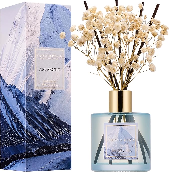 COCORRÍNA Reed Diffuser - Antarctic 6.7 Fl.oz Reed Diffuser Set with 8 Sticks & Preserved Baby's Breath, Reed Diffuser for Home Bathroom Shelf Decor