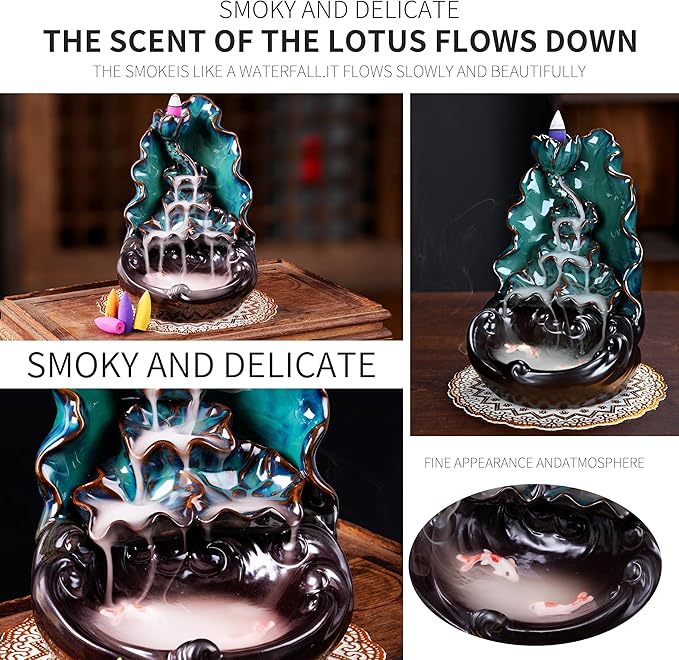 Mountain Waterfall Incense Burner，Backfall Incense Holder River, Incense Falls Meditation Decor for Room with Upgrade Incense Cones and Accessories (Lotus Leaf)