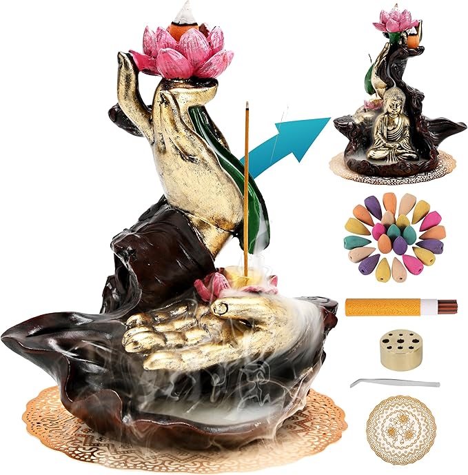 Waterfall Incense Burner, River Incense Holder, Meditation Decor with Upgrade Incense Cones and Accessories (Lotus Hand)