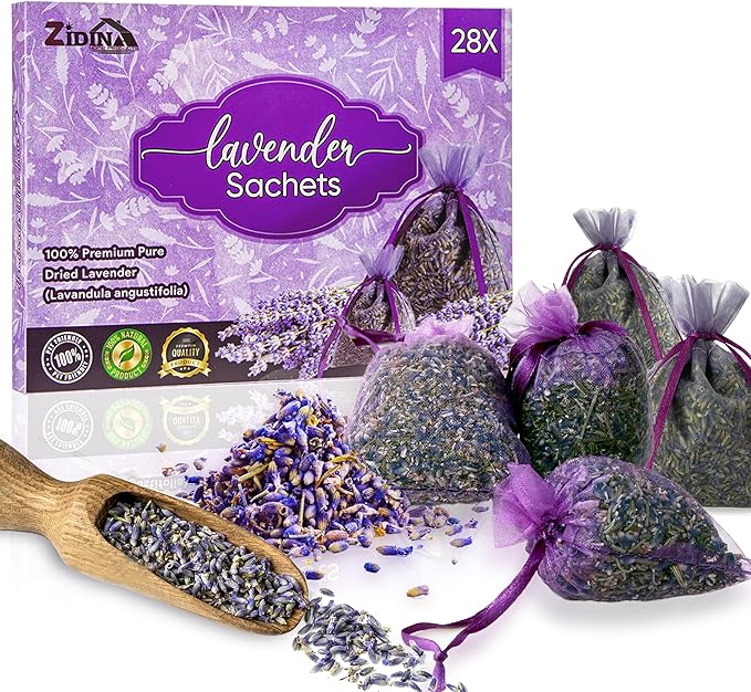 28 Pack Organic Lavender Sachet Bags for Drawers and Closets - Natural Fresh Dried Lavender French Potpourri Bags for Clothes Storage - Scented Sachets for Drawers, Wardrobes, Cars & Home.