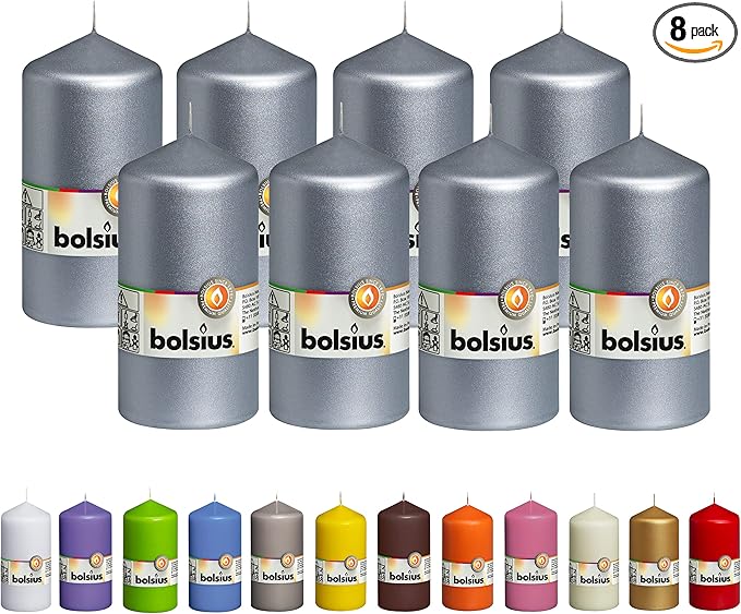 BOLSIUS 8 Silver Pillar Candles Metallic - 2.75 x 5 Inches - Premium European Quality - Individually Wrapped - 43 Hours Burn Time - Dripless & Smokeless - Unscented Dinner, Wedding & Decor Candles