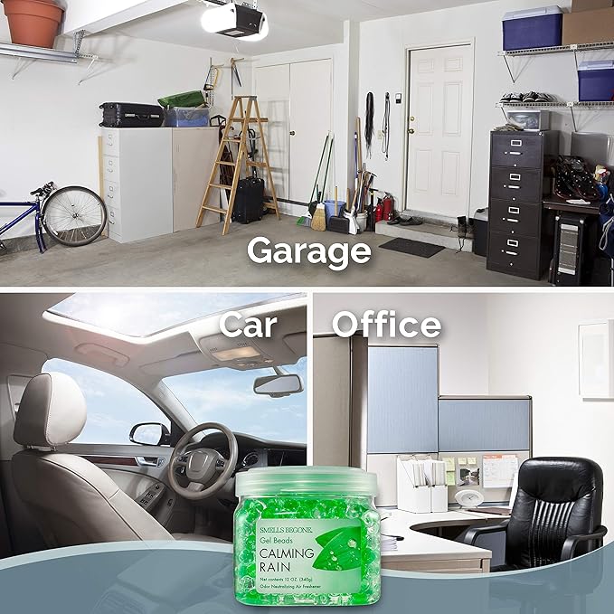 SMELLS BEGONE Odor Eliminator Gel Beads - Air Freshener - Eliminates Odor in Bathrooms, Cars, Boats, RVs and Pet Areas - Made with Essential Oils - Calming Rain Scent - 12 Ounce