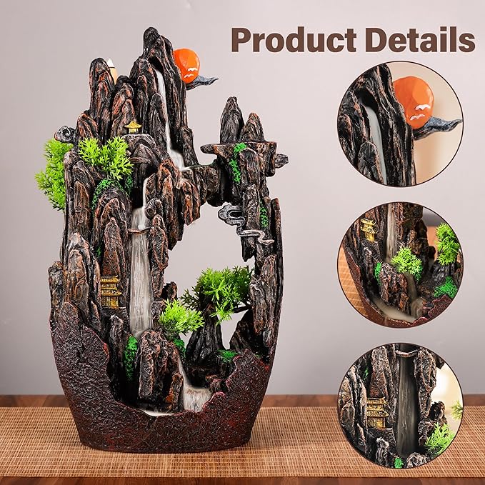 Large Backflow Incense Burner Resin Mountain Waterfall Incense Holder Smoked Fountain Aromatherapy Office Yoga Room Home Decoration