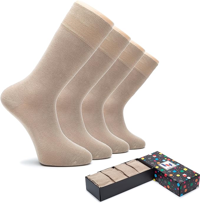 Hugh Ugoli Men's Bamboo Dress Socks for Business & Trouser, Thin & Seamless Crew Socks, 4 Pairs with Gift Box, Shoe Size 8-12