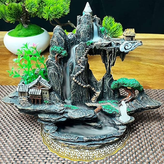 Mountain Waterfall Incense Burner，Backfall Incense Holder River, Incense Falls Meditation Decor for Room with Upgrade Incense Cones and Accessories (Mountain)