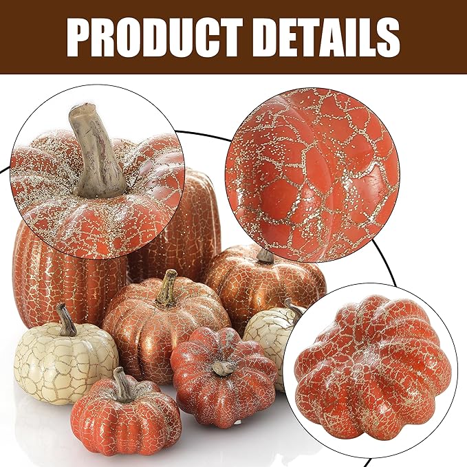 Artgar Pumpkin Decor, 8 PCS Halloween Pumpkin, Metal Cracked Design Foam Pumpkins for Halloween Thanksgiving Fall Home Table Indoor Outdoor Decorations