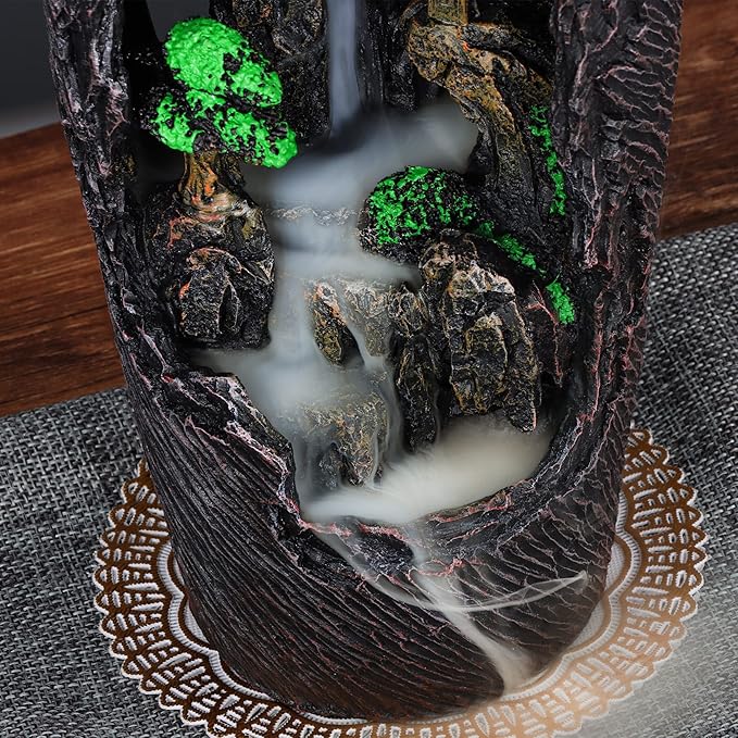 Mountain Waterfall Incense Burner Backflow Incense Burner Incense Fountain Smoke Waterfall with 20 Backflow Incense Cones，Tweezer，Mat (Vase Shape)