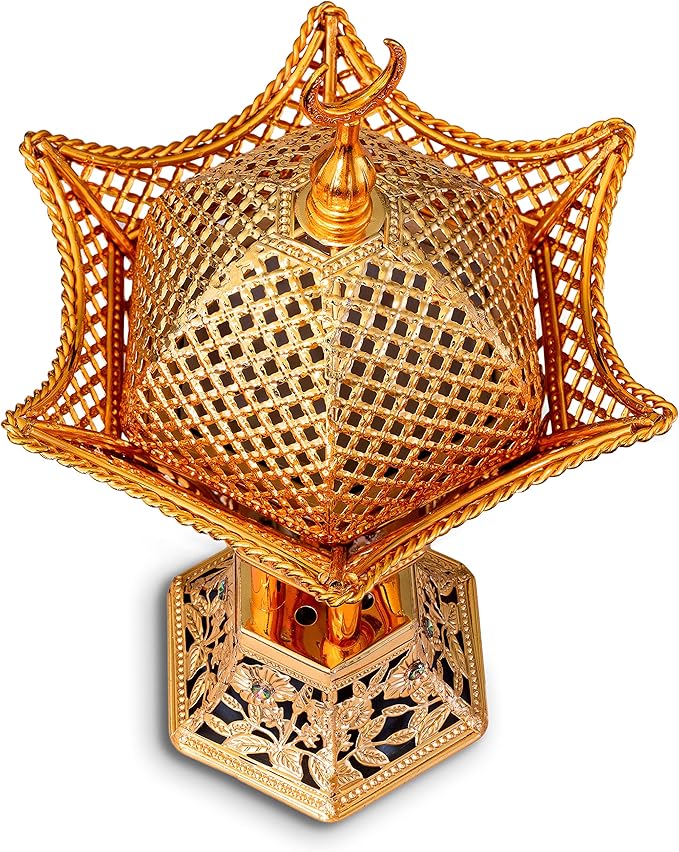 AM Bakhoor Charcoal Incense Burner – Luxury Gold Frankincense Resin Burner for Oud, Bakhoor, Incense Sticks & Cones – Decorative Metal Holder with Removable Lid & Safe Flame Control (Gold)