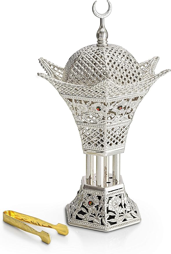 AM Bakhoor Charcoal Incense Burner – Luxury Gold Frankincense Resin Burner for Oud, Bakhoor, Incense Sticks & Cones – Decorative Metal Holder with Removable Lid & Safe Flame Control (Silver)