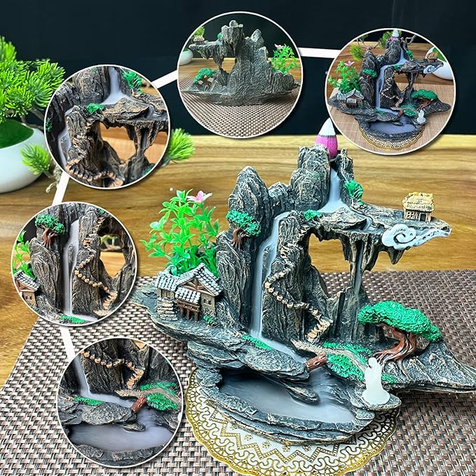 Mountain Waterfall Incense Burner，Backfall Incense Holder River, Incense Falls Meditation Decor for Room with Upgrade Incense Cones and Accessories (Mountain)
