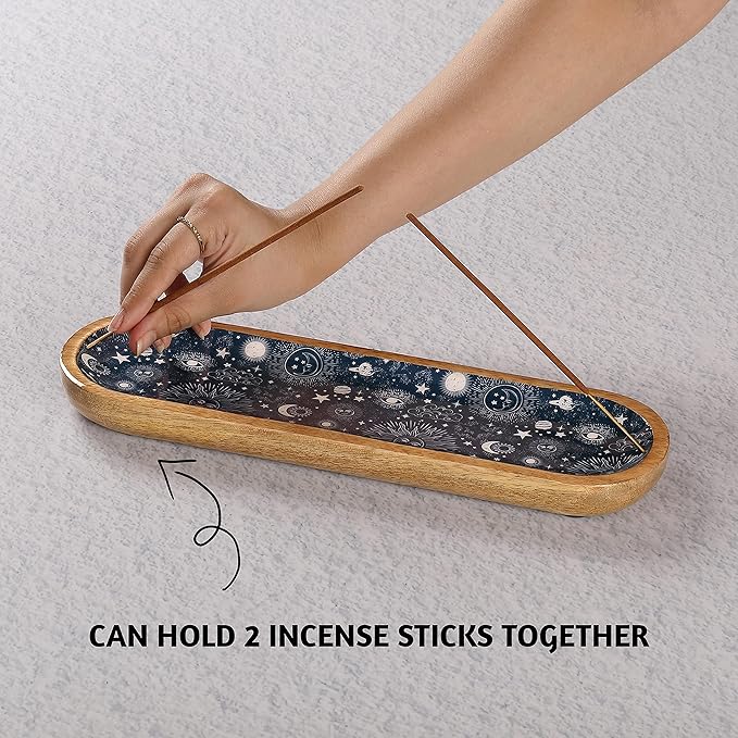 Folkulture Incense Holder for Sticks or Incense Burner Holder, Modern Insence-Stick Holder or Ash Catcher for Home Décor, Wooden Inscents-Holders, Mango Wood Trough, Cosmic