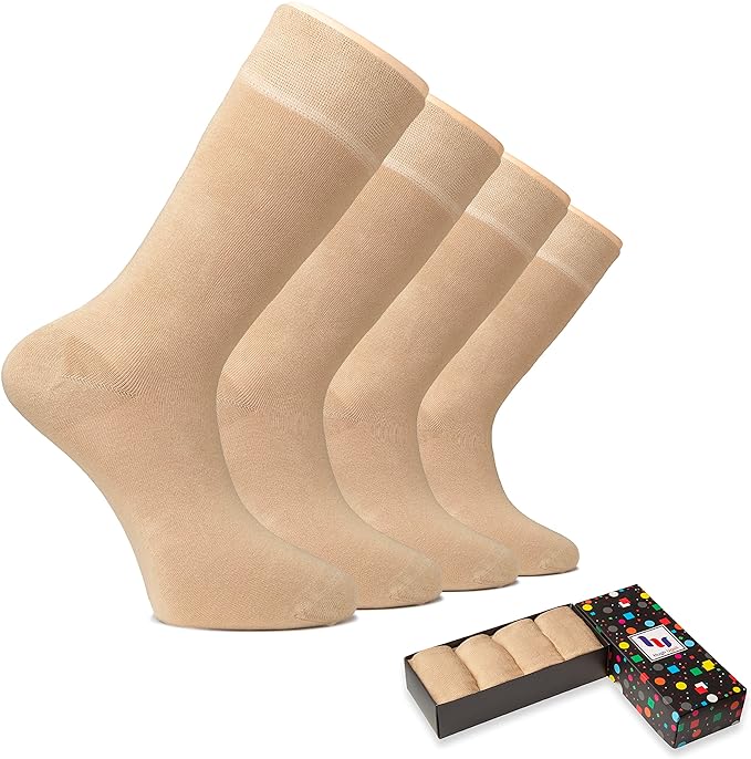 Hugh Ugoli Men's Bamboo Dress Socks for Business & Trouser, Thin & Seamless Crew Socks, 4 Pairs with Gift Box, Shoe Size 8-12