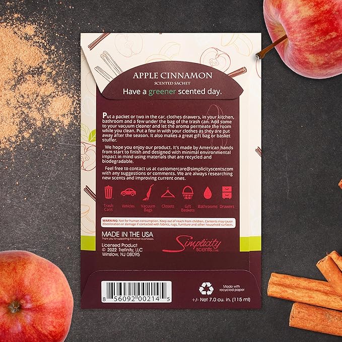 Simplicity Scents Apple Cinnamon Scented Sachets Pack of 6, Fall & Winter - Long-Lasting Scented Bags, Home Fragrance, Air Freshener & Deodorizer for Closet, Room, Drawer, or Cars, Made in USA