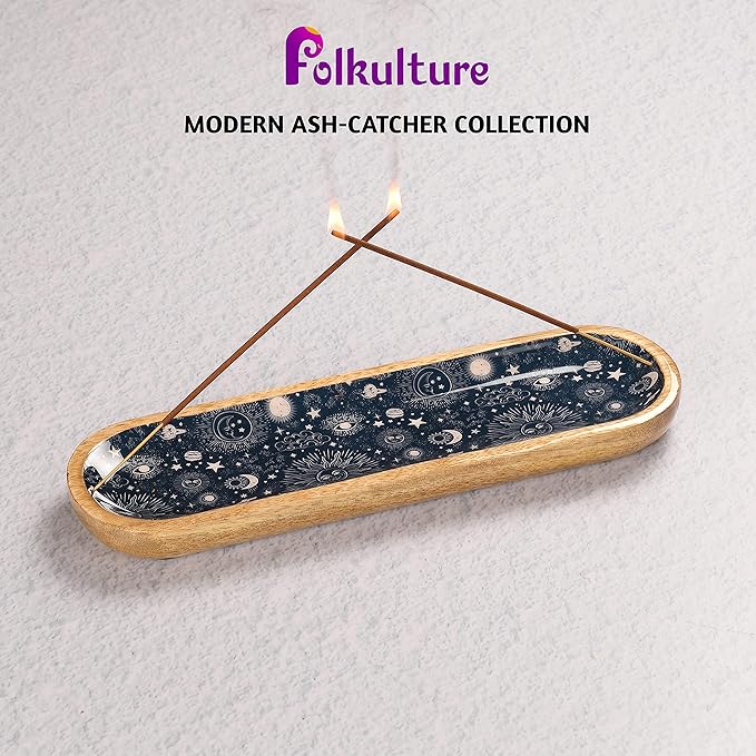 Folkulture Incense Holder for Sticks or Incense Burner Holder, Modern Insence-Stick Holder or Ash Catcher for Home Décor, Wooden Inscents-Holders, Mango Wood Trough, Cosmic
