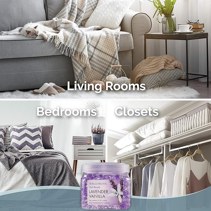 SMELLS BEGONE Odor Eliminator Gel Beads - 12 oz, Pack of 6 - Eliminates Odor in Bathrooms, Cars, Boats, RVs & Pet Areas - Air Freshener - Made with Essential Oils - Lavender Vanilla Scent