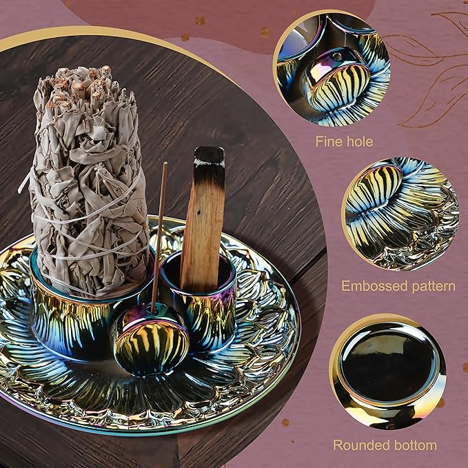 4 in 1 Incense Holder, Ceramic Incense Stick and Palo Santo Holder,Sage Holder for Burning- 5.5" Ceramic Ash Catcher Tray for Meditation and Yoga Room (Colourful)
