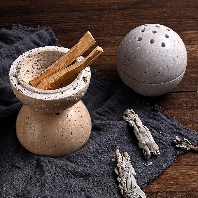 Natural Travertine Incense Cone Holder, Handmade Stone Sphere Incense Burner for Medication Yoga Home Décor 4.1 inches
