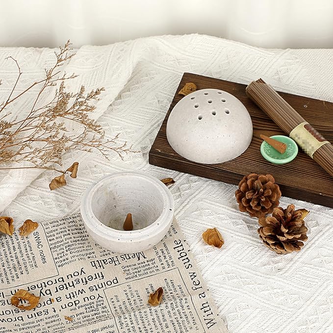 ELLDOO Natural Travertine Incense Holder, Home Decor Handmade Ball Shape Incense Cone Burner for Yoga Meditation SPA Reading, Gray