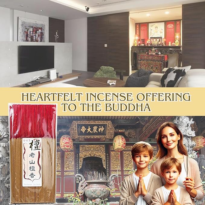 LaoShan Sandalwood Incense Joss Sticks (30cm, 300g, 400 Sticks) - Taiwan Traditional Bamboo Sticks for Religious, Thin & Less Smoke (5)