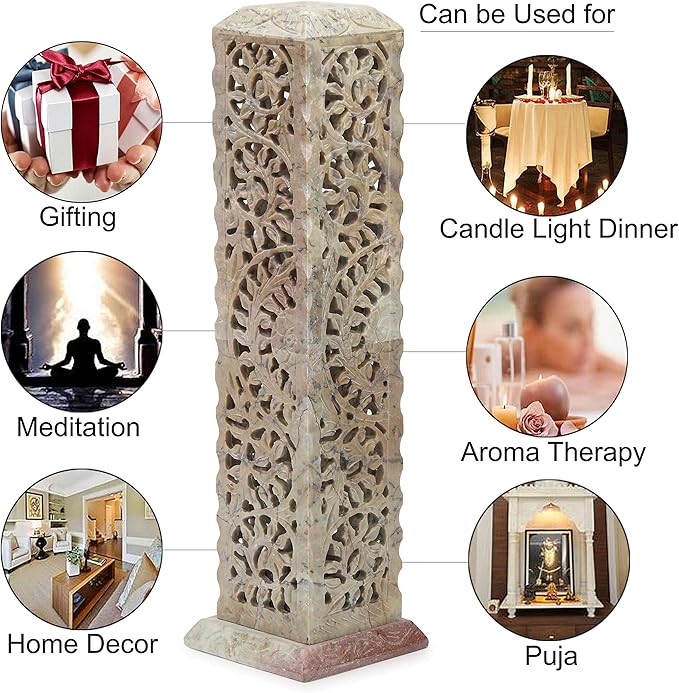 Carry Me Handmade Marble Soapstone Incense Stick Burner | Candle Stick Holder | Tea Light Burner - Perfect Floral Carving for Gifting. Decorative Home and Kitchen Decor (3 x 3 x 11 Inches)