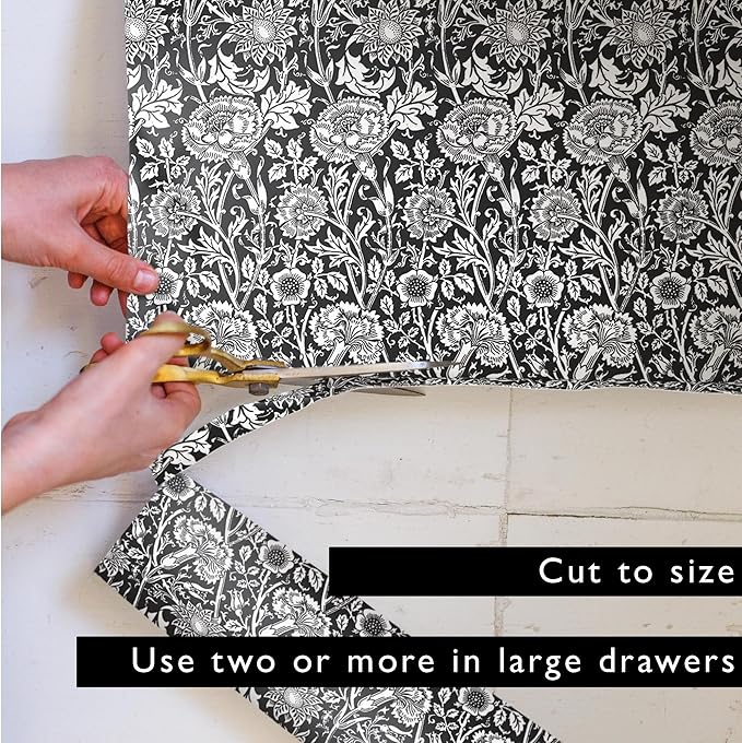 Sandalwood Scented Drawer Liners in a Black William Morris Design. Pack of 5 Folded Sheets | Contains Sandalwood Essential Oil | Made in The UK.