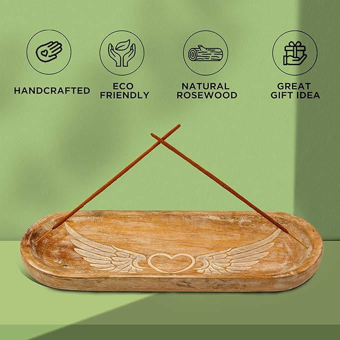 Hand Carved Incense Holder-Incense Burner/Ash Catcher/Handmade Wooden Insence Tray – Modern Gift Home/Room/Kitchen Décor Size 11x4x1.5 Inches